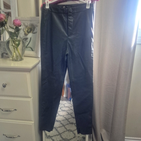 Zara Women Small Forest Green Faux Leather Leggings Skinny Pants Hi-Rise - Picture 2 of 10